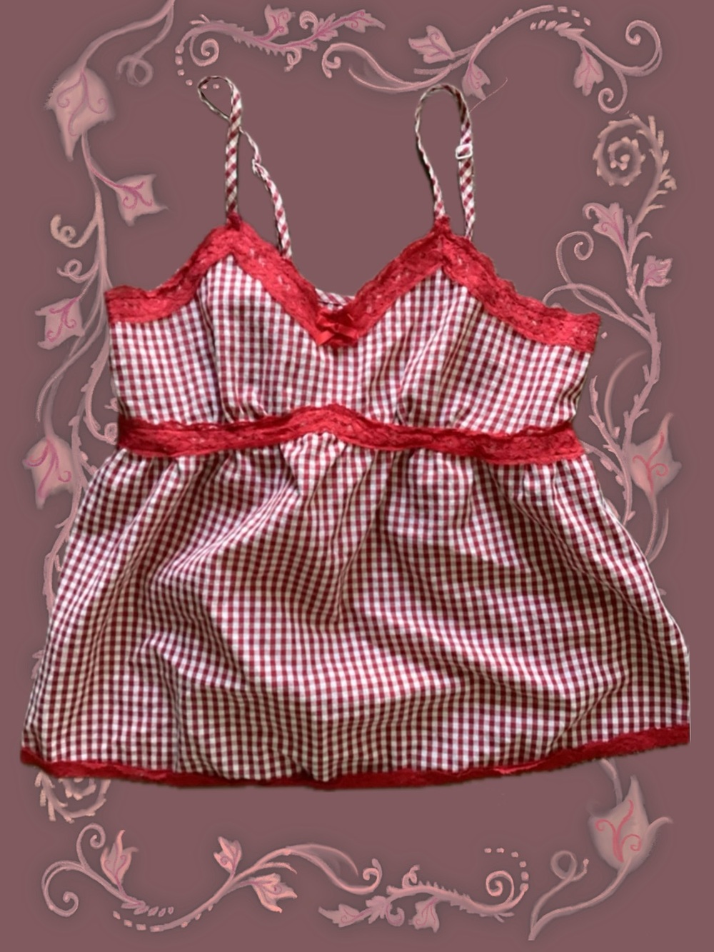 ♥️Queen of hearts top Red Gingham Lace-Trim Cami Top